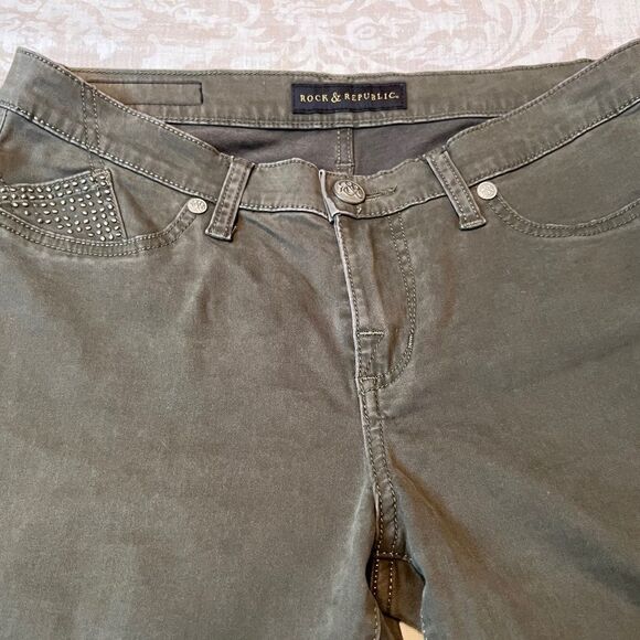 Rock & Republic Kashmiere olive green embellished mid rise skinny jeans Sz 8/10 - Picture 4 of 12